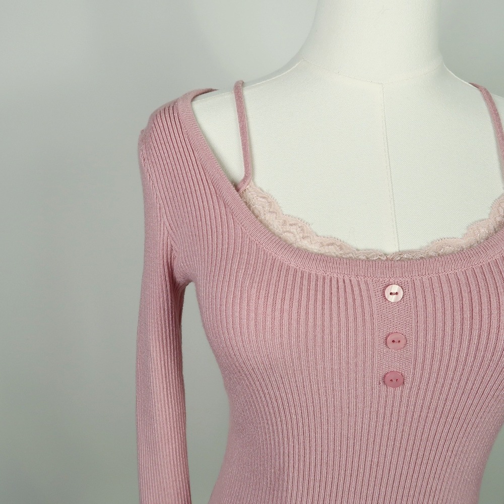Sweet Rain Womens Ribbed Sweater Top Size S Pink Lace Coquette Balletcore Soft - Picture 2 of 9